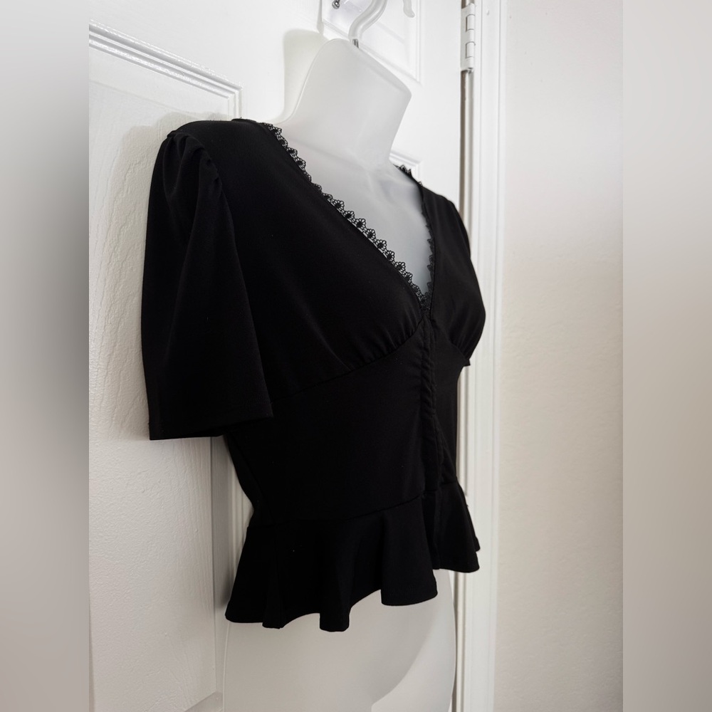 Elegant Black Lace Trimmed Juniors Top 0018 - Picture 2 of 5